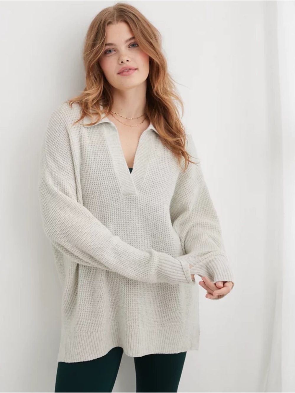 Aerie Longsleeve Waffle Knit Polo Sweater Oversized Small Beige Lumber Jane